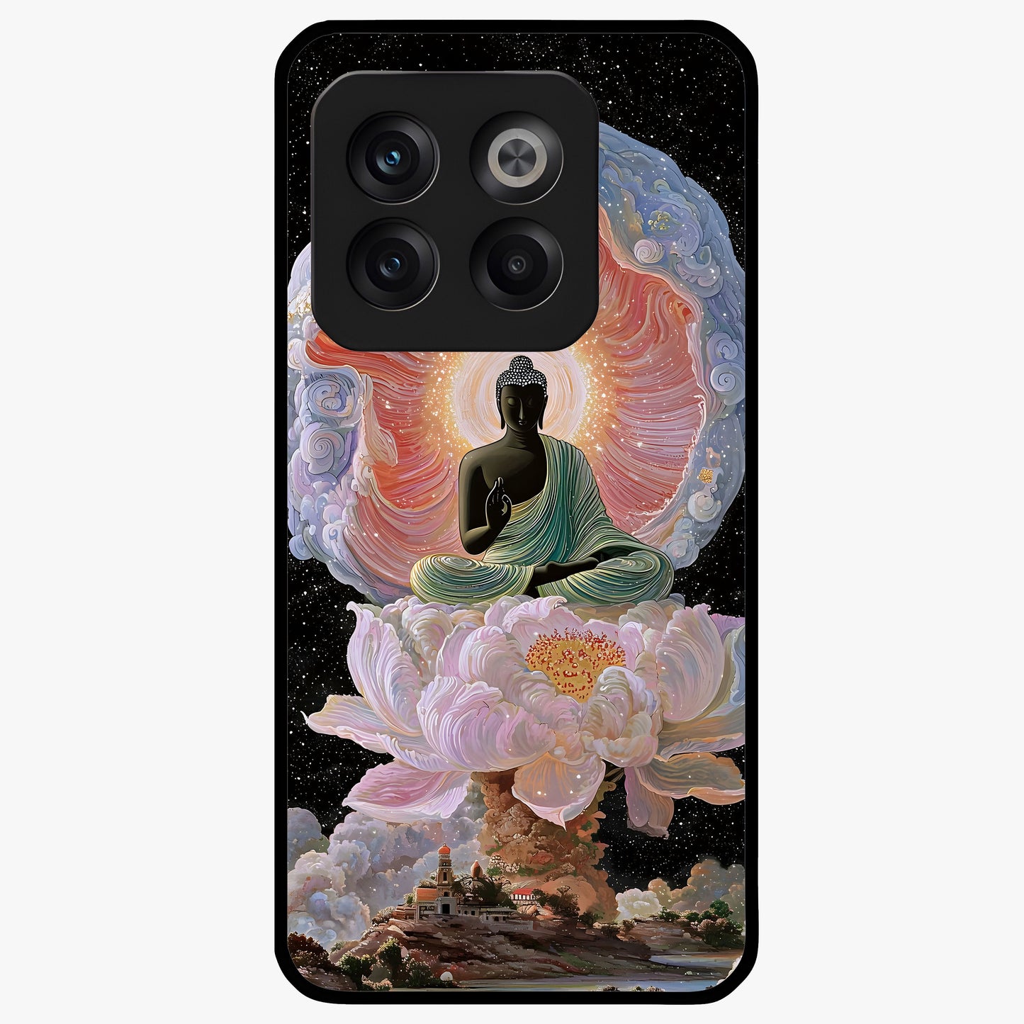 Zen Lotus Realm Glass Case for 1+10T peaceful front view featuring lotus artwork with calm spiritual tones