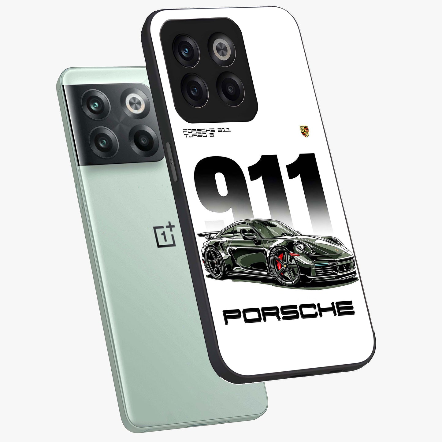 911 Turbo Dominance Glass Case for 1+10T premium angled mockup showcasing glossy glass finish and racing inspired design
