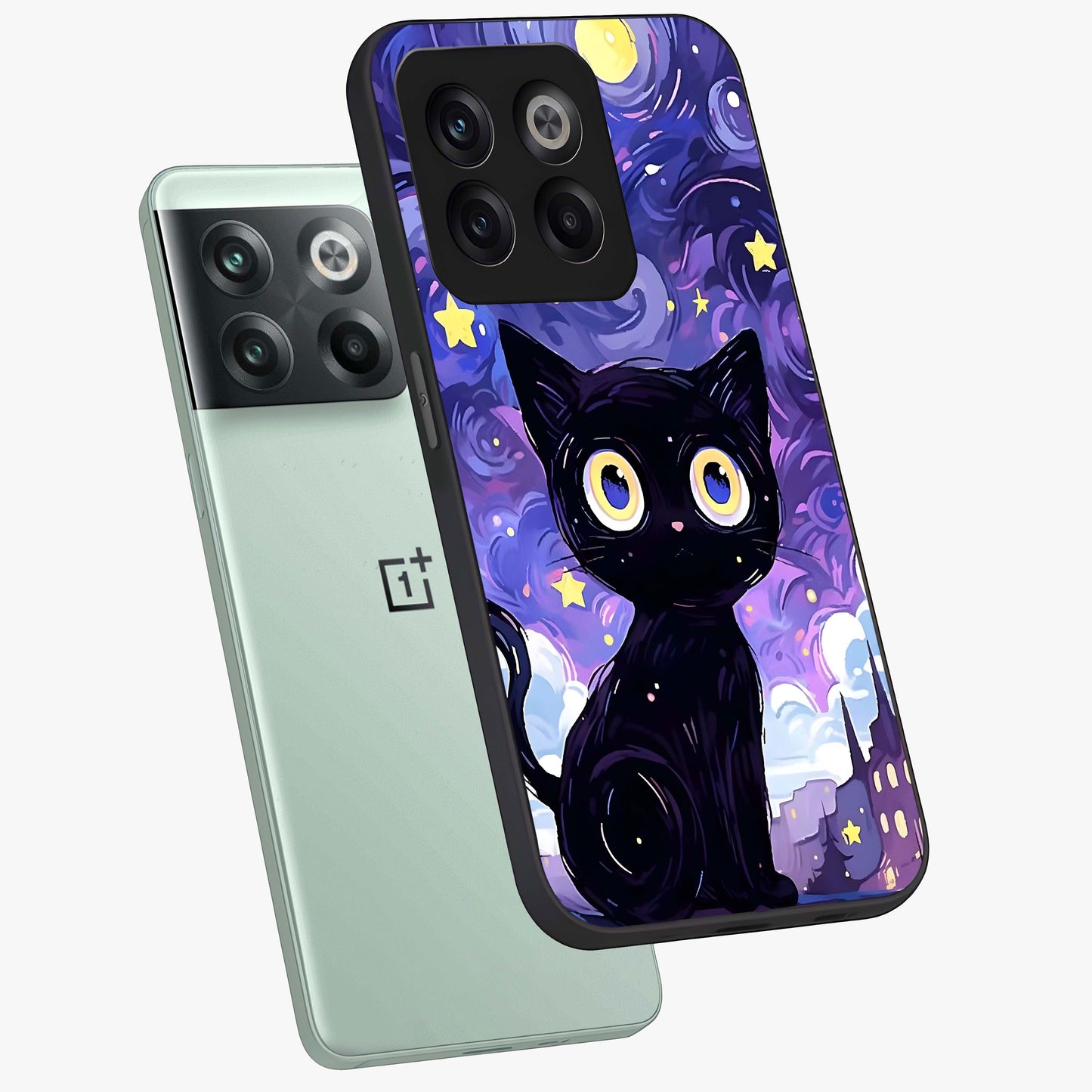 Abstract Cat Art Glass Case for 1+10T premium angled mockup showcasing glossy glass finish and creative feline design