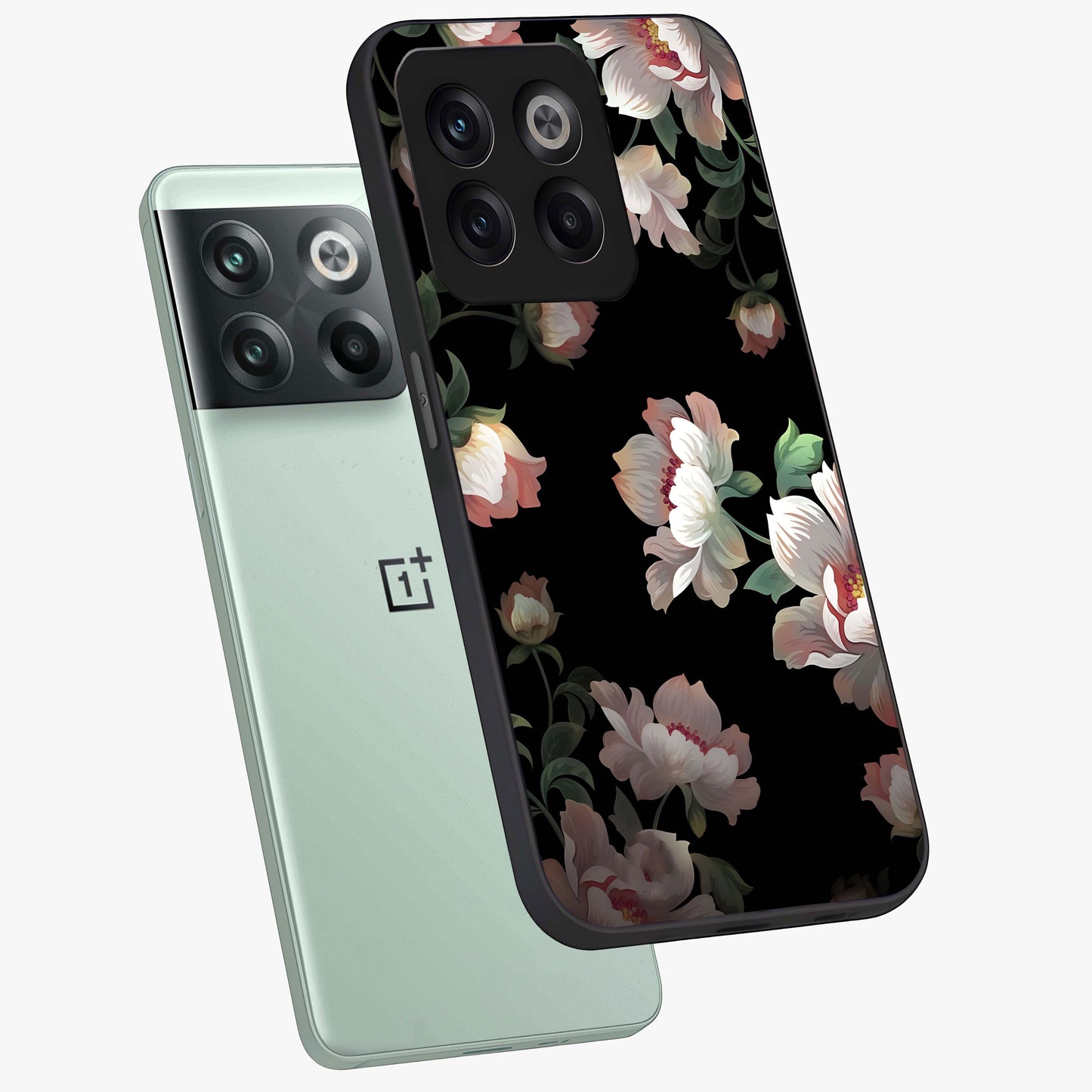 Abstract Embossed Blooming Bright Flower Glass Case for 1+10T angled mockup showcasing glossy surface and detailed bloom design