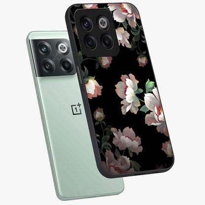 Abstract Embossed Blooming Bright Flower Glass Case for 1+10T angled mockup showcasing glossy surface and detailed bloom design