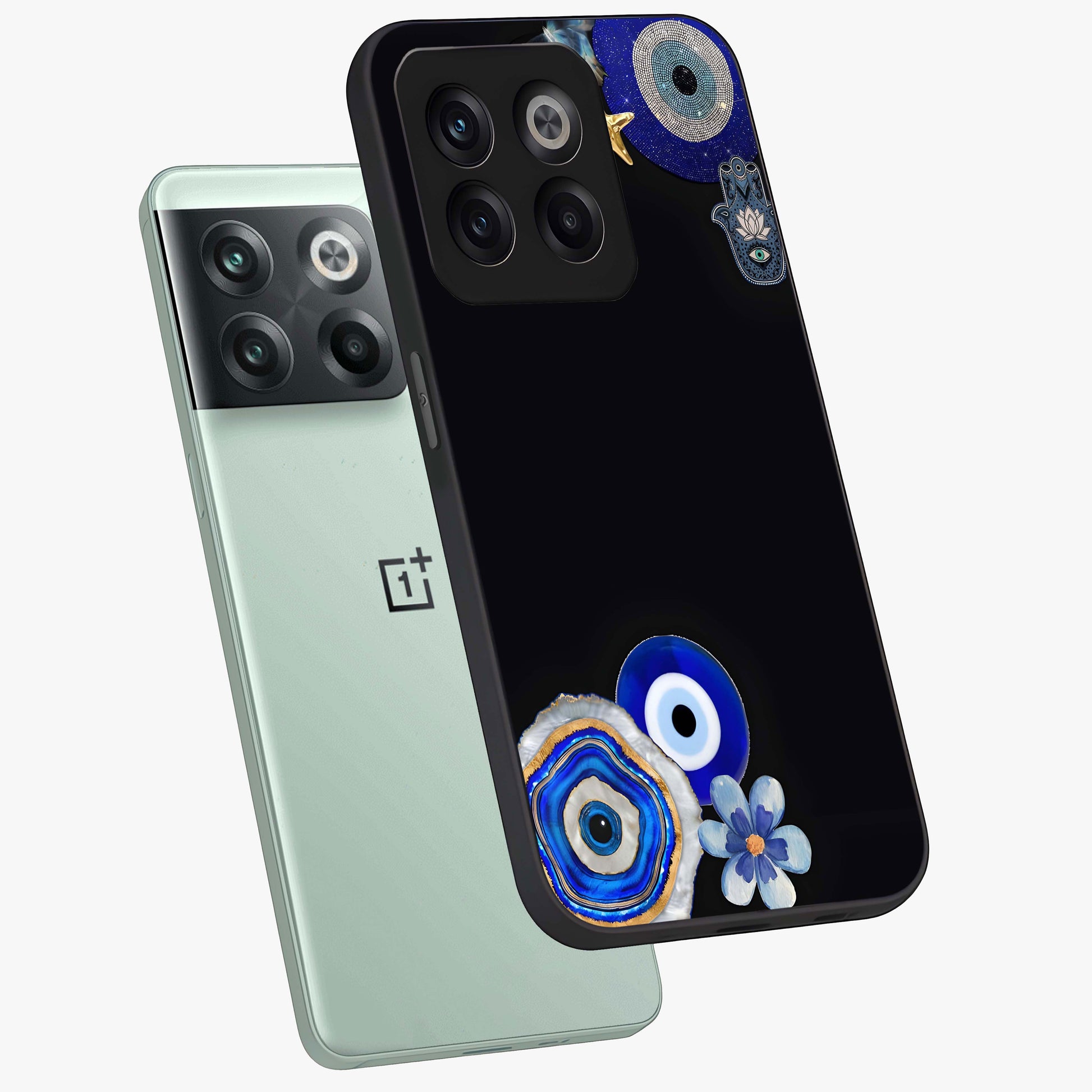 Aesthetic Blue Evil Eye Glass Case for 1+10T angled mockup showcasing glossy finish and protective symbol design