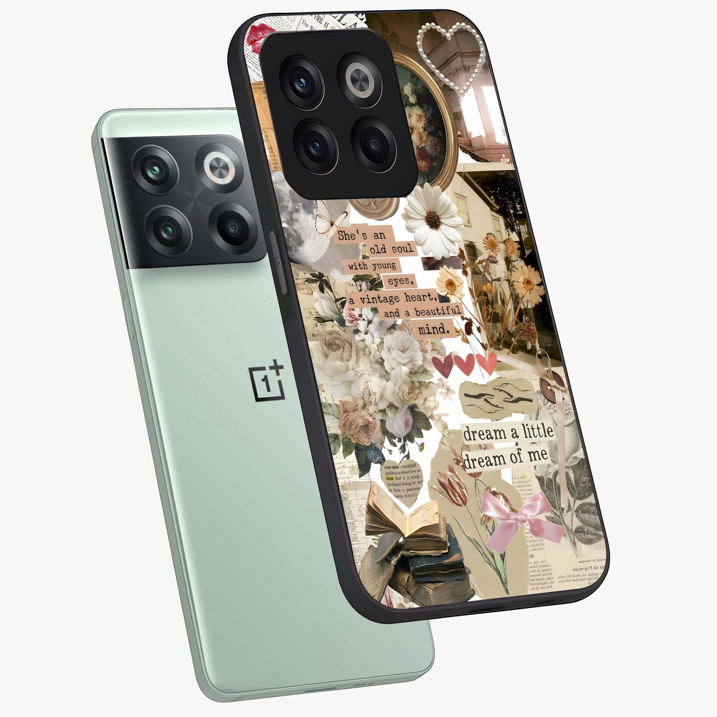 Aesthetic Brown Vintage Collage Glass Case for 1+10T angled mockup showcasing glossy layered vintage textures