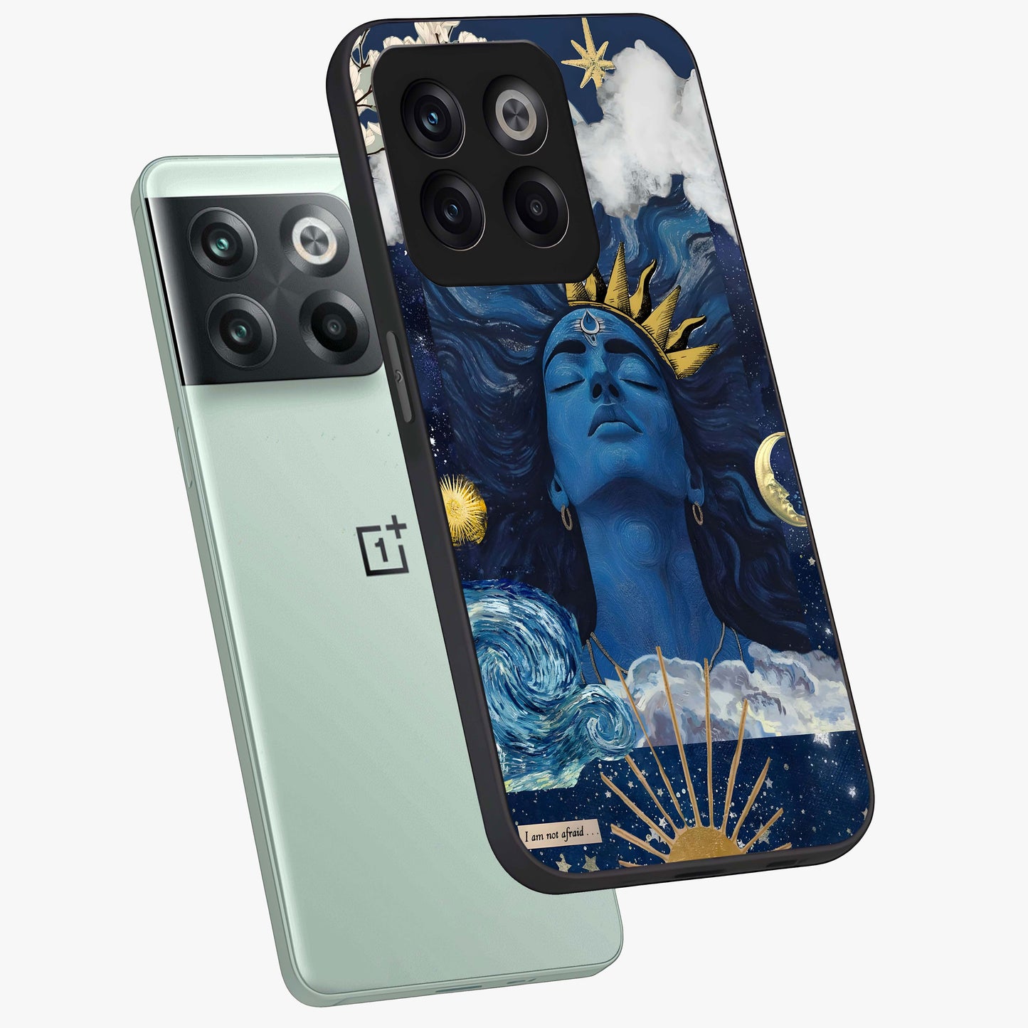Aesthetic Lord Shiva Glass Case for 1+10T angled mockup showcasing glossy finish and divine aesthetic design