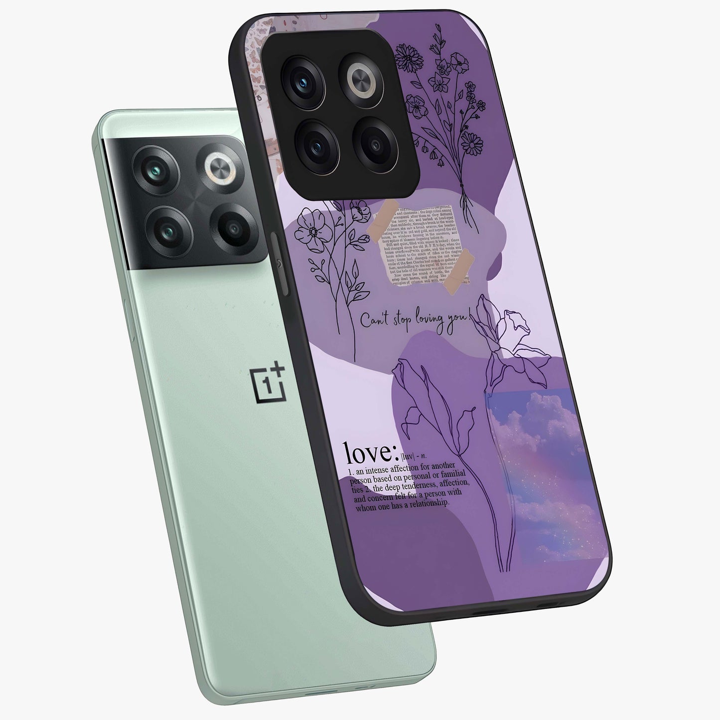 Aesthetic Love With Flower Glass Case for 1+10T angled mockup showcasing glossy finish and soft floral design