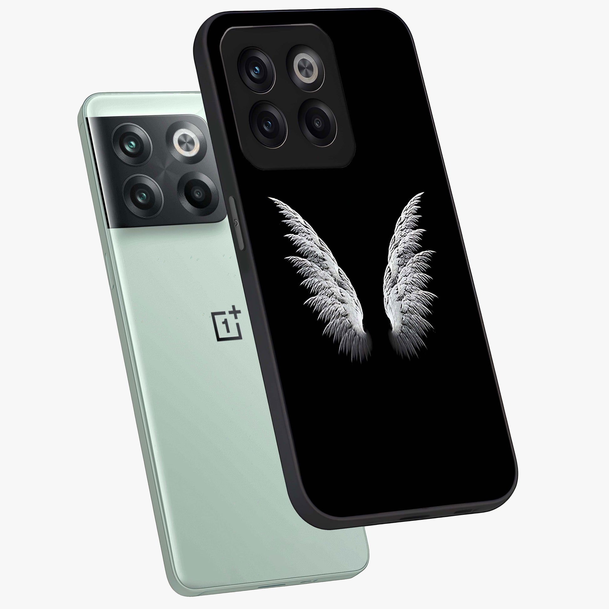 Angel Wing Grace Glass Case for 1+10T angled mockup showcasing glossy finish and graceful feather design
