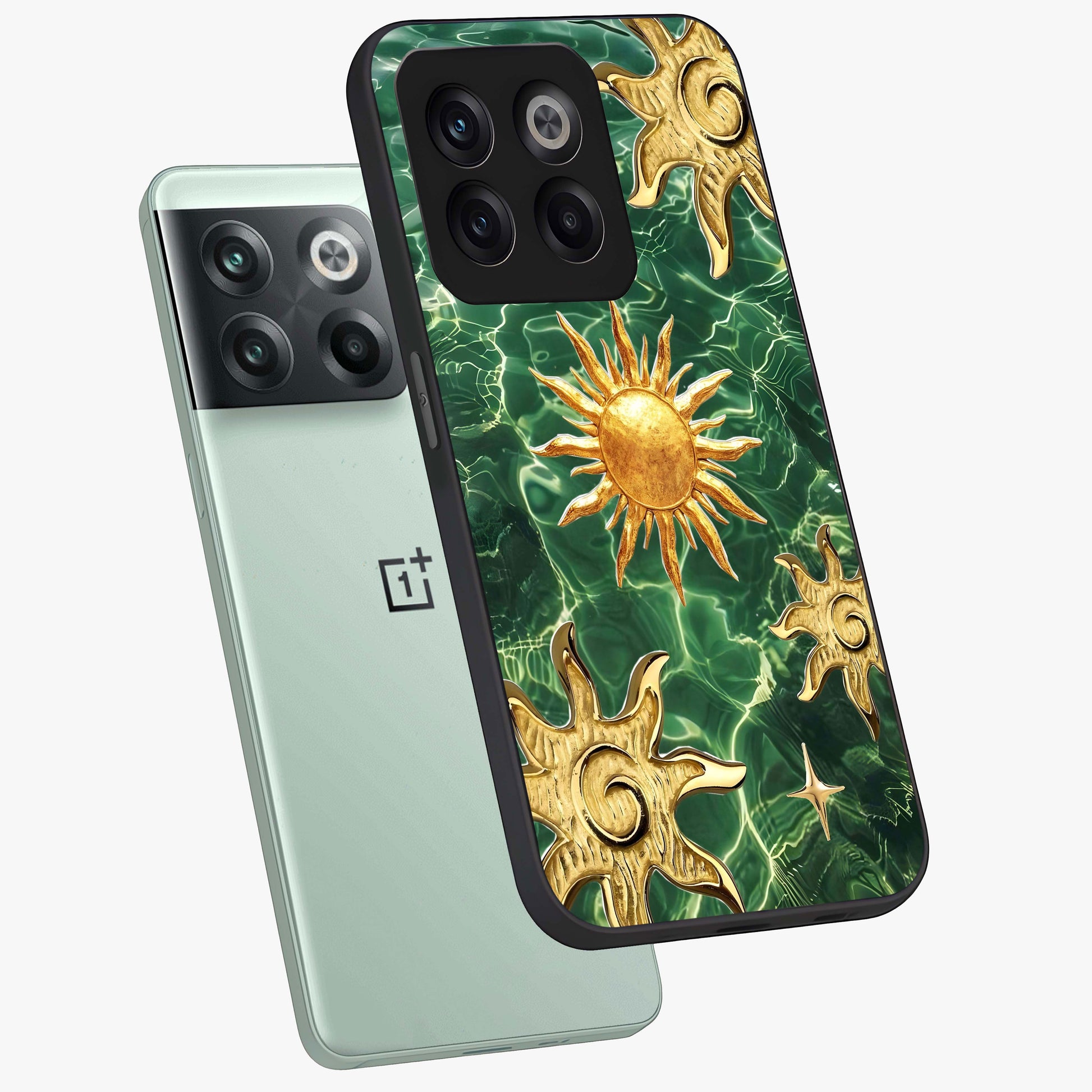 Aqua Sun Mirage Glass Case for 1+10T angled mockup showcasing glossy glass finish and radiant gradient tones