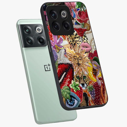 Beaded Fashion Jungle Glass Case for 1+10T angled mockup showcasing glossy finish and vibrant tropical design