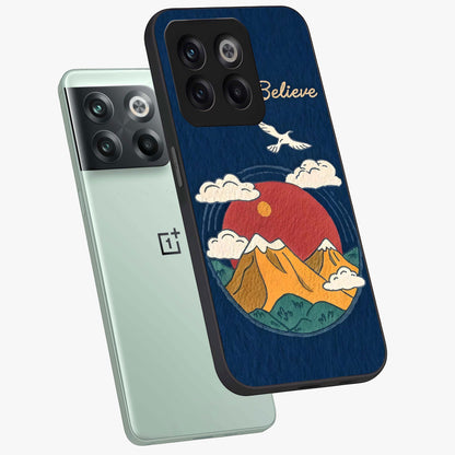 Believe Sky Escape Glass Case for 1+10T angled mockup showcasing glossy finish and serene cloud design