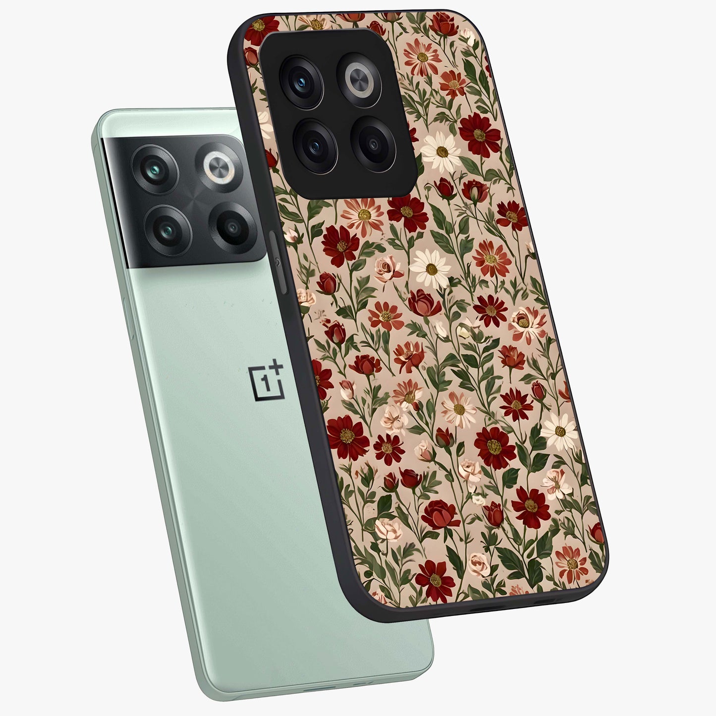 Biege Flower With Leaf Glass Case for 1+10T angled mockup showcasing glossy finish and minimal botanical design