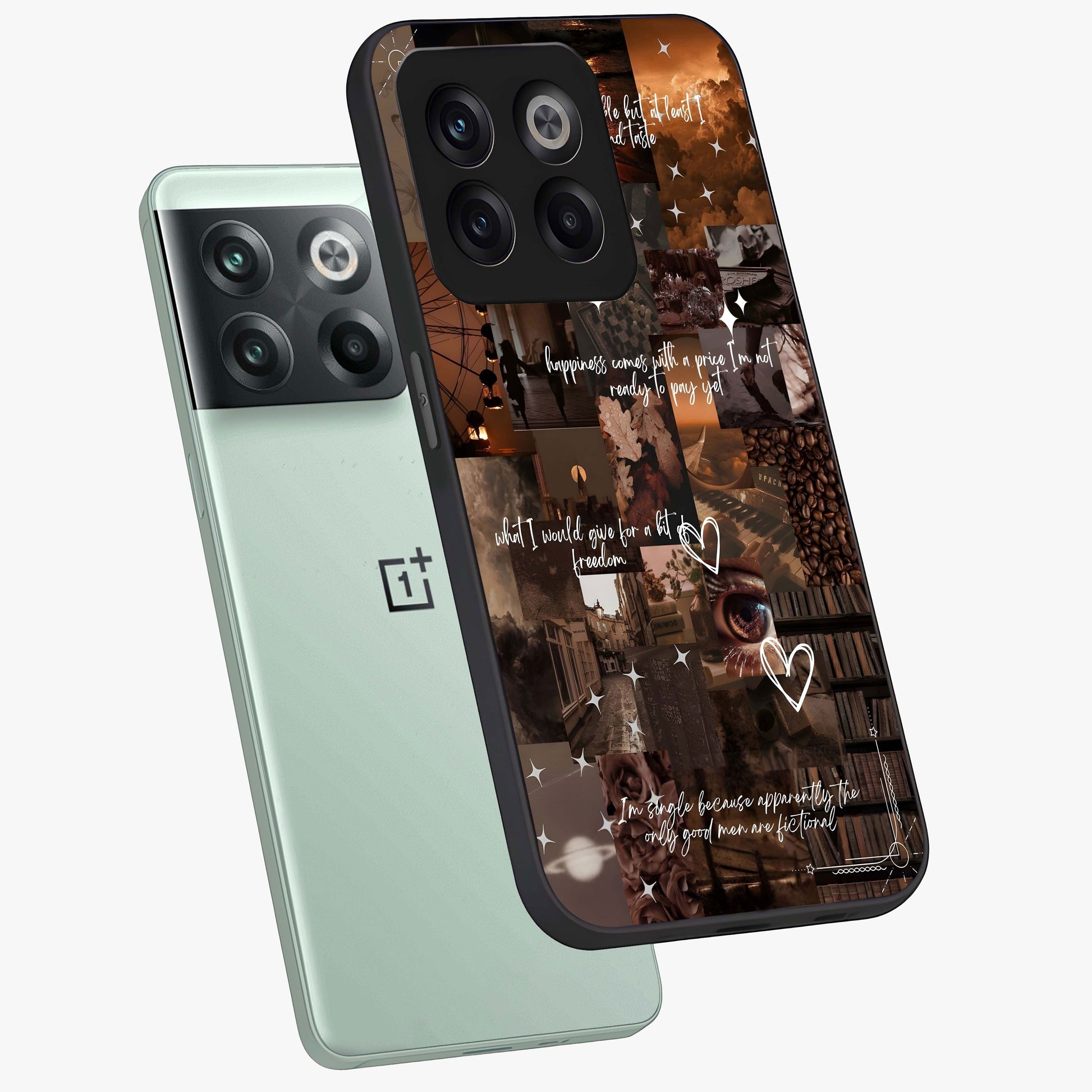 Bittersweet Aesthetic Chaos Glass Case for 1+10T angled mockup showcasing glossy finish and artistic chaotic design