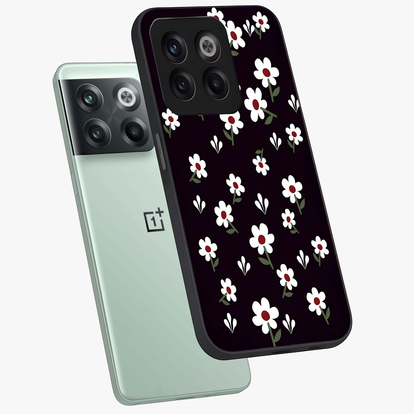 Black Prints Daisy Flower Pattern Glass Case for 1+10T angled mockup showcasing glossy finish and bold floral contrast