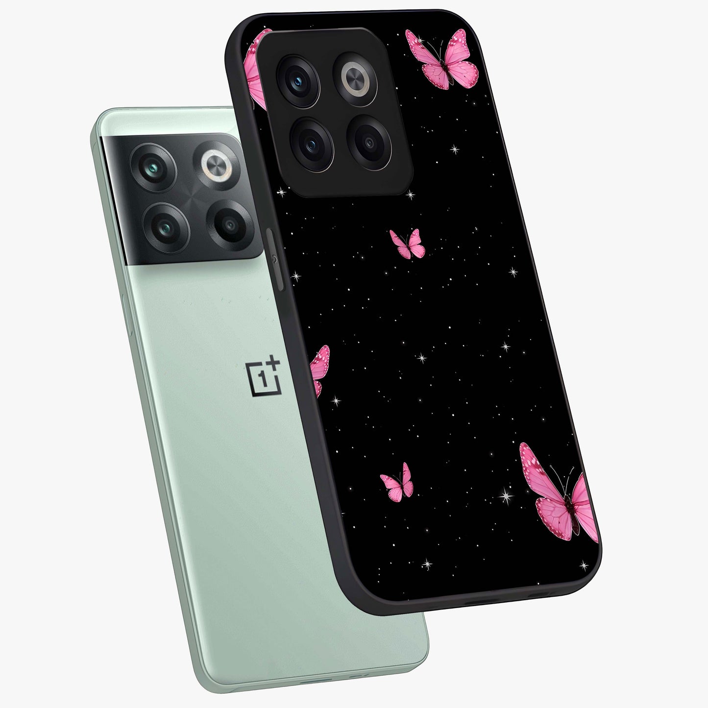 Blinking Butterfly Glass Case for 1+10T captured at a warm angle highlighting soft wing details, gloss, and edge clarity.