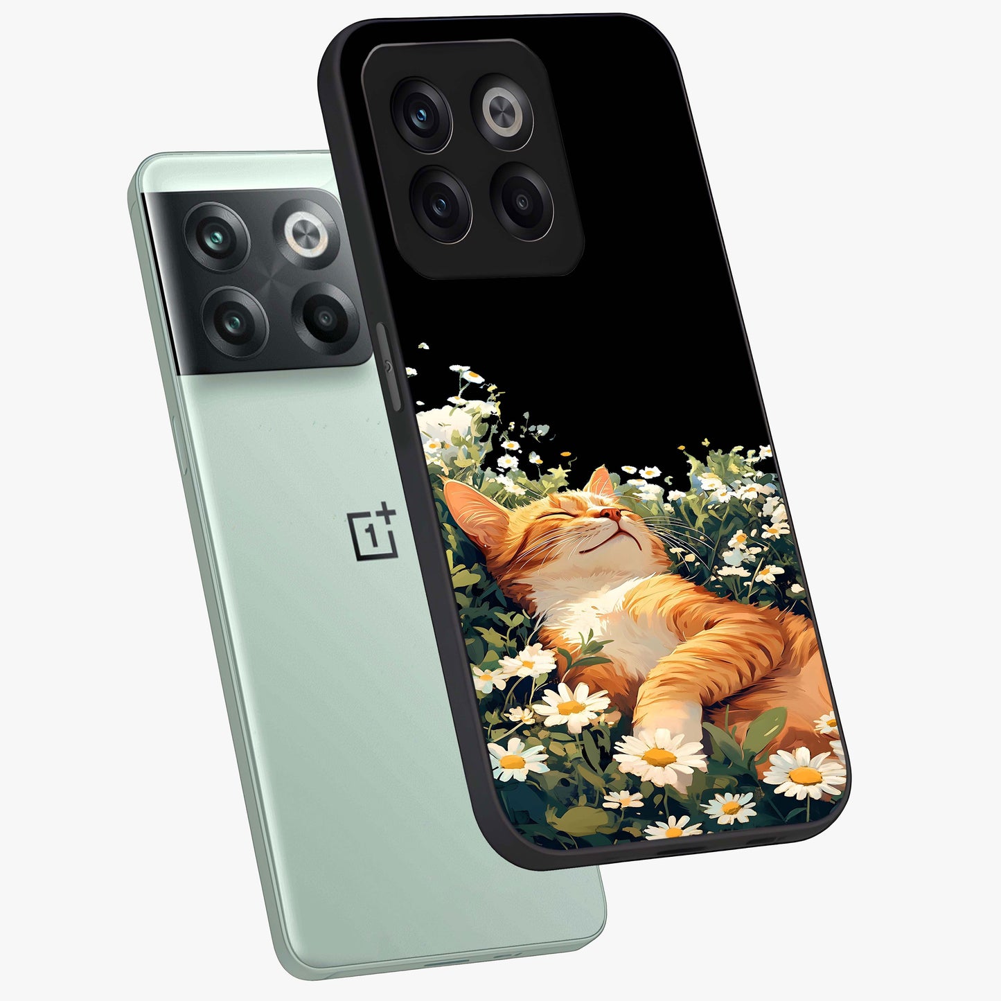 Blissful Bloom Cat Glass Case for 1+10T angled mockup showcasing glossy glass finish and vibrant bloom detailing