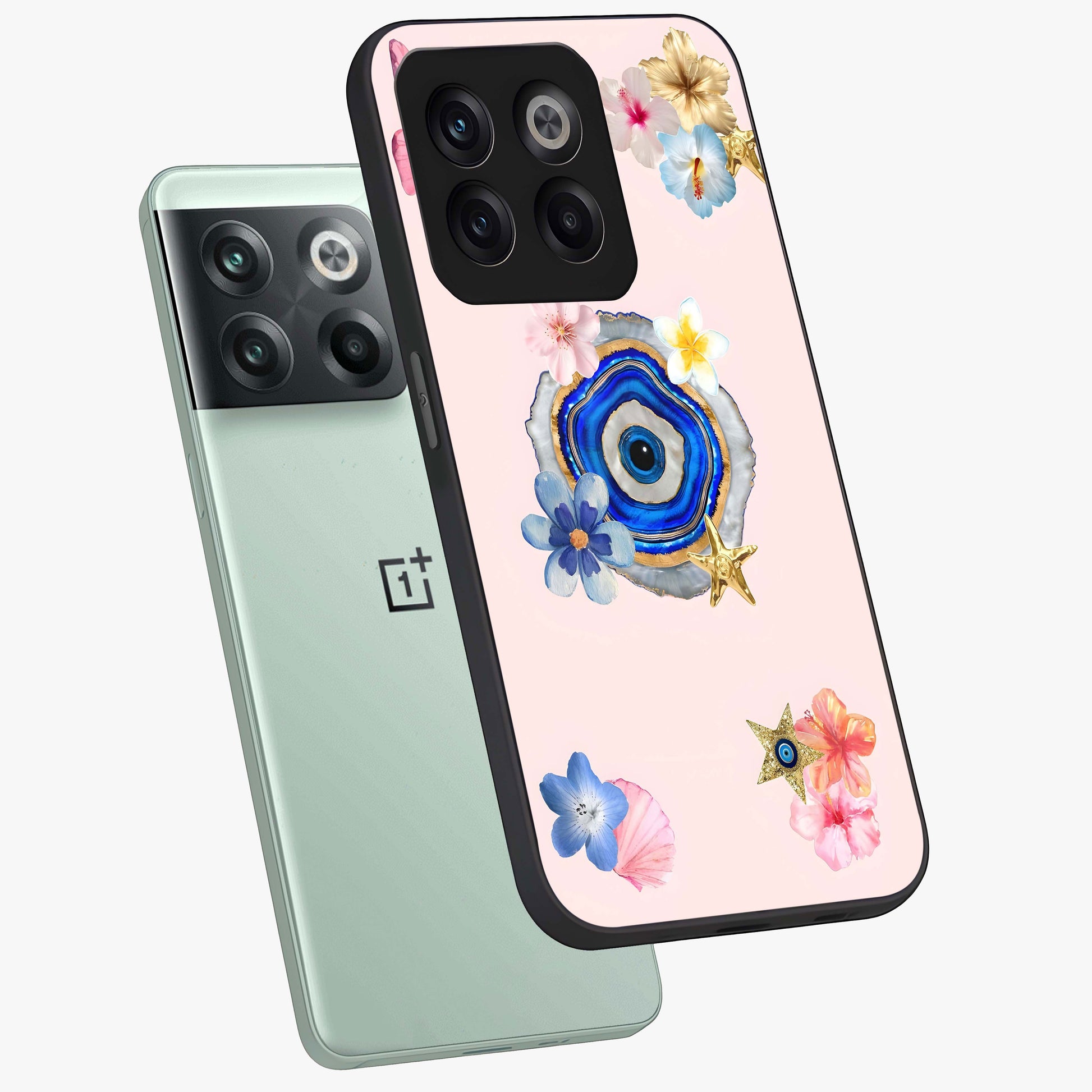 Blossom Evil Charm Glass Case for 1+10T angled mockup showcasing glossy finish and protective charm design