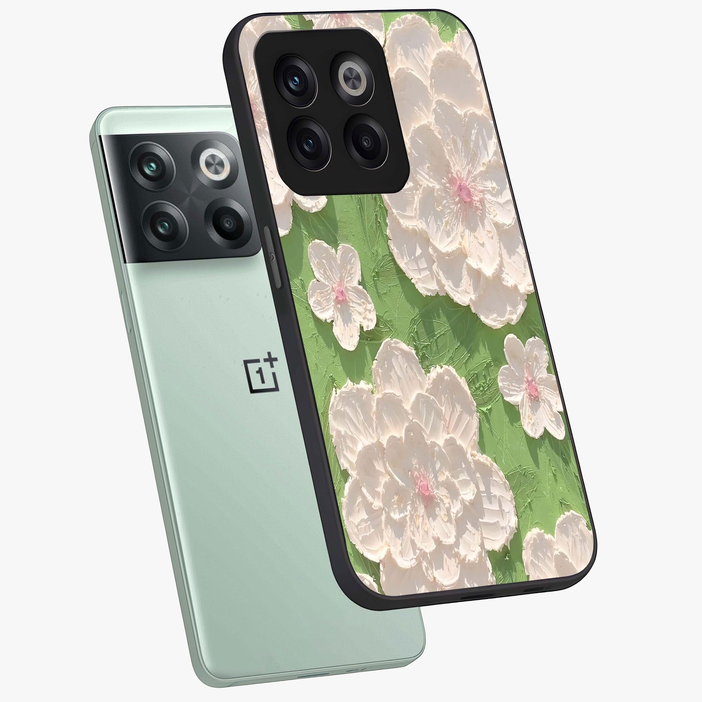 Blossom Meadow Dreams Glass Case for 1+10T angled mockup showcasing glossy finish and pastel bloom textures