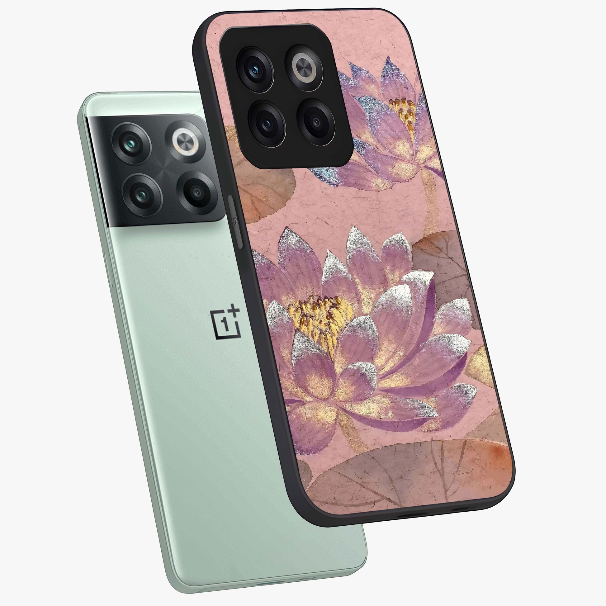 Blossom Mist Lotus Glass Case for 1+10T angled mockup showcasing glossy finish and peaceful floral detailing