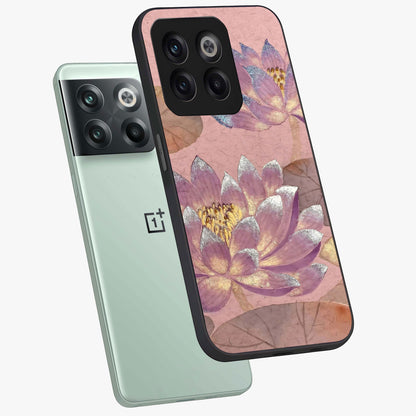 Blossom Mist Lotus Glass Case for 1+10T angled mockup showcasing glossy finish and peaceful floral detailing
