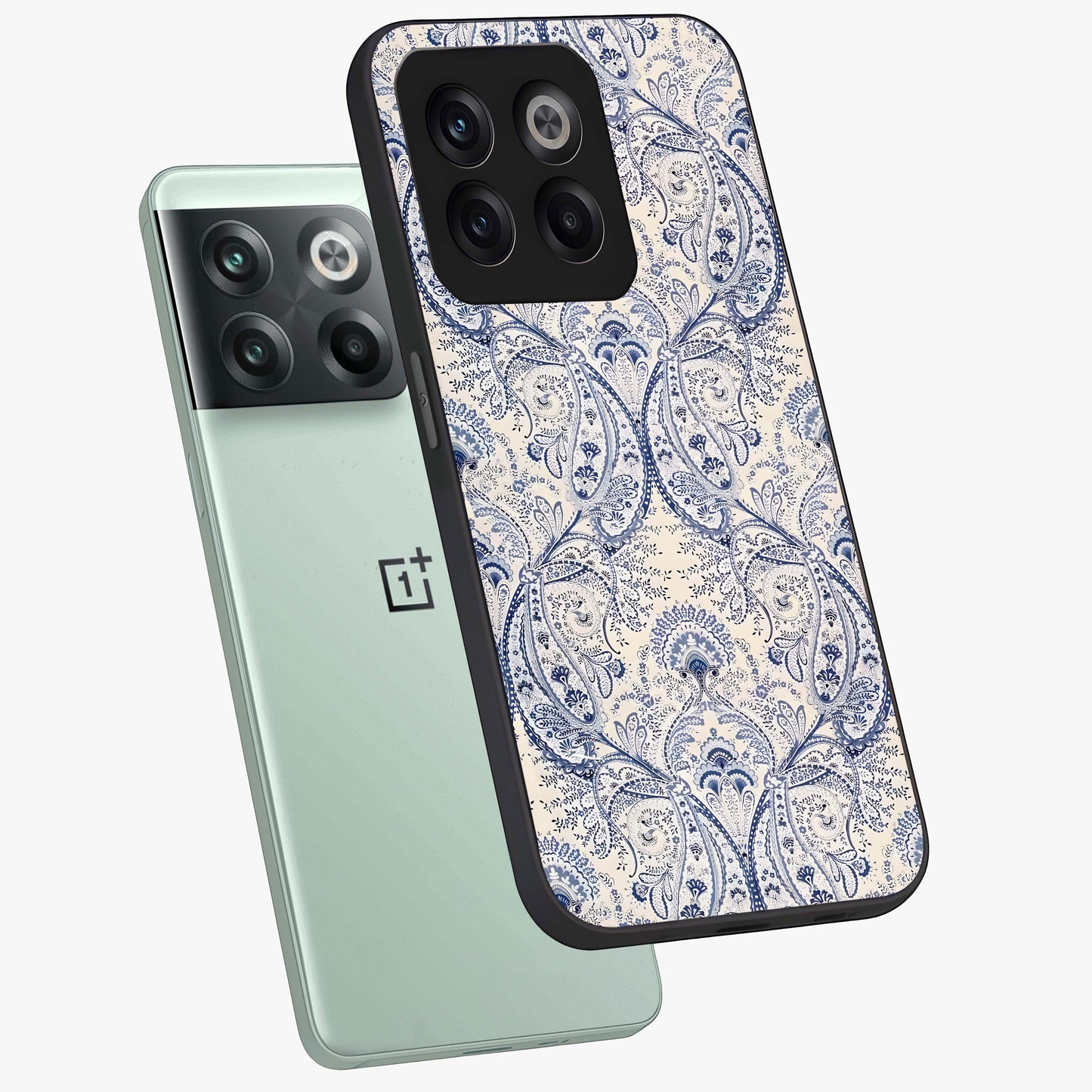 Blue Paisley Bloom Glass Case for 1+10T angled mockup showcasing glossy finish and detailed ornamental design