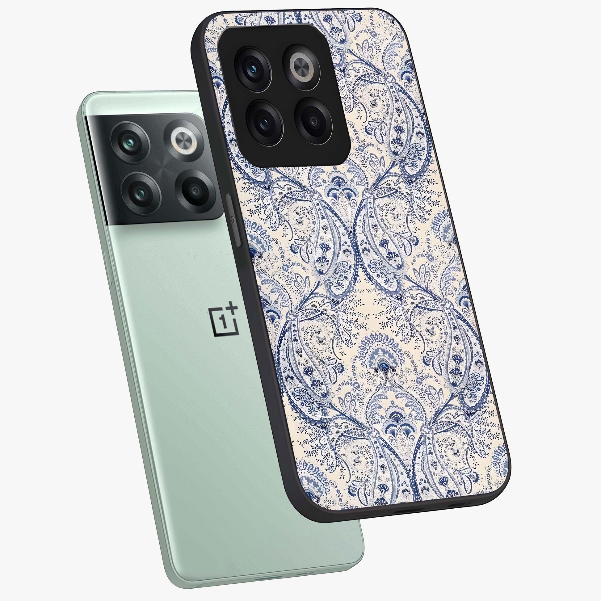 Blue Paisley Bloom Glass Case for 1+10T angled mockup showcasing glossy finish and detailed ornamental design