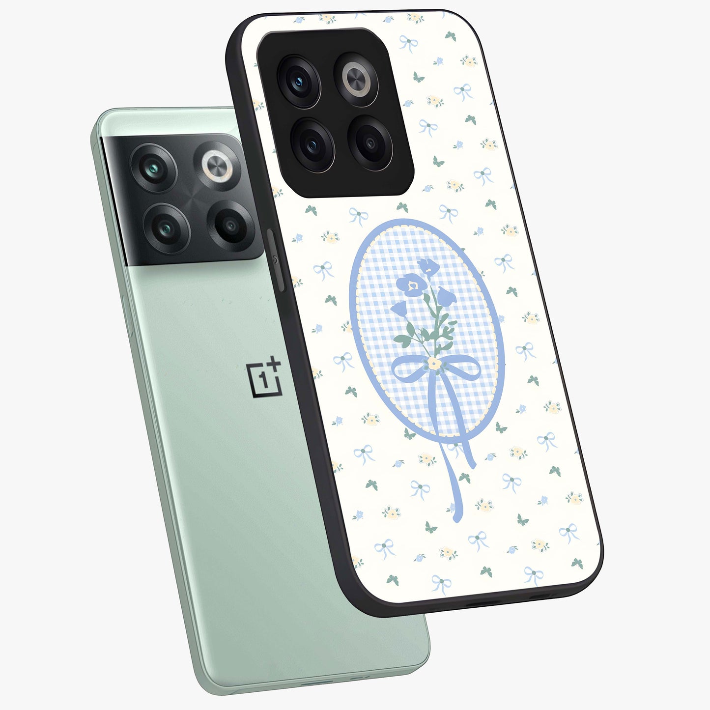 Blue Ribbon Bloom Glass Case for 1+10T angled mockup showcasing glossy finish and delicate bloom detailing