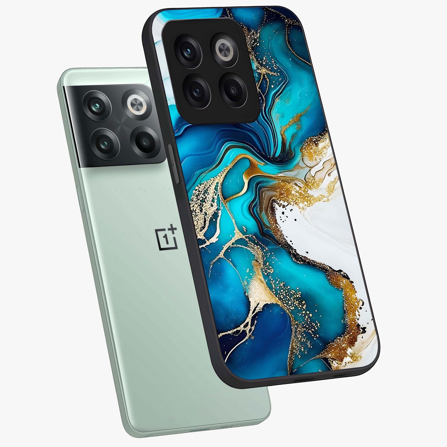 Blue and White Marble With Golden Viens Art Glass Case for 1+10T angled mockup showcasing glossy finish and premium marble pattern