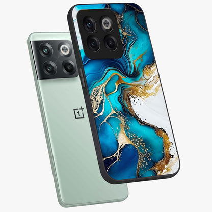 Blue and White Marble With Golden Viens Art Glass Case for 1+10T angled mockup showcasing glossy finish and premium marble pattern