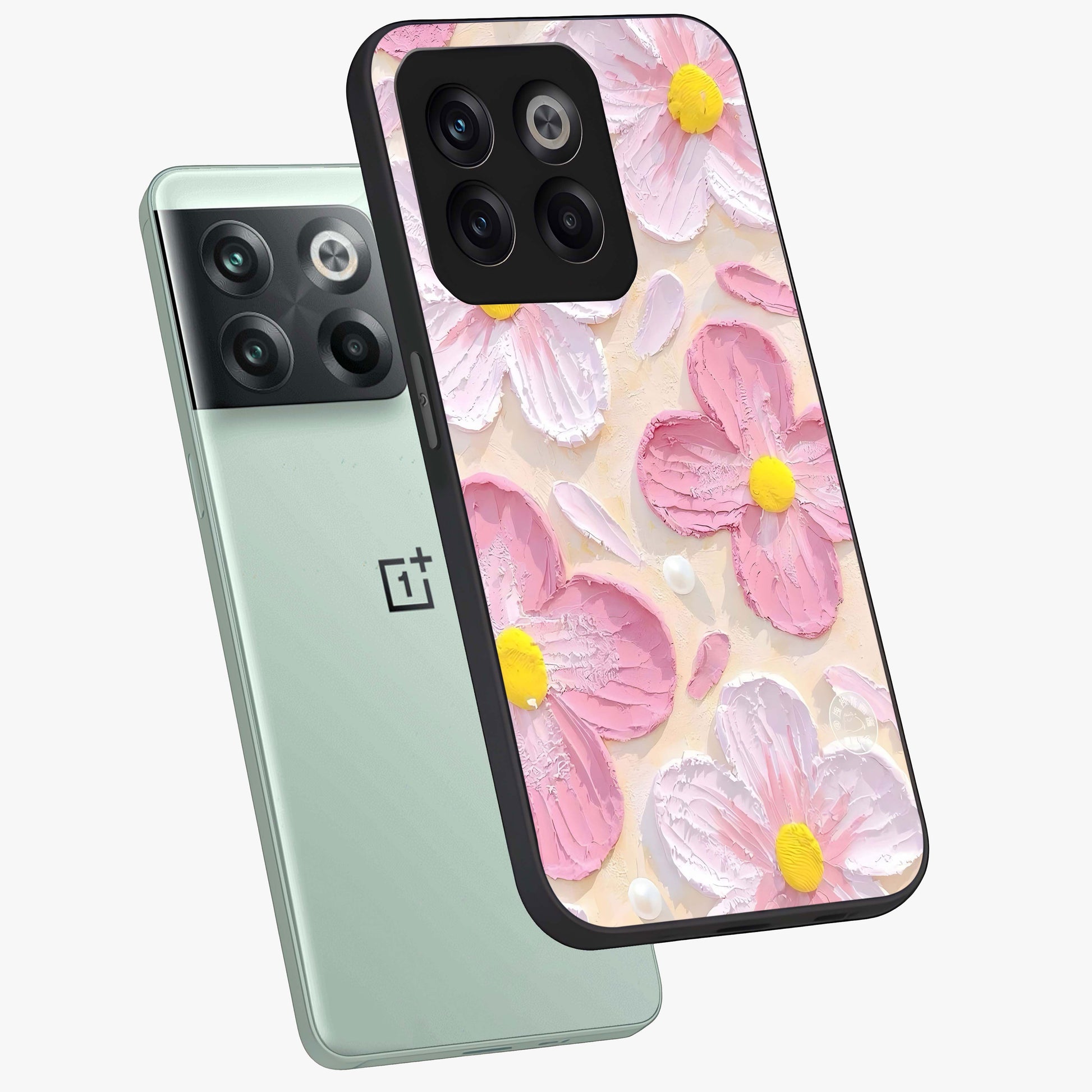 Blush Bloom Texture Glass Case for 1+10T angled mockup showcasing glossy finish and layered texture detailing