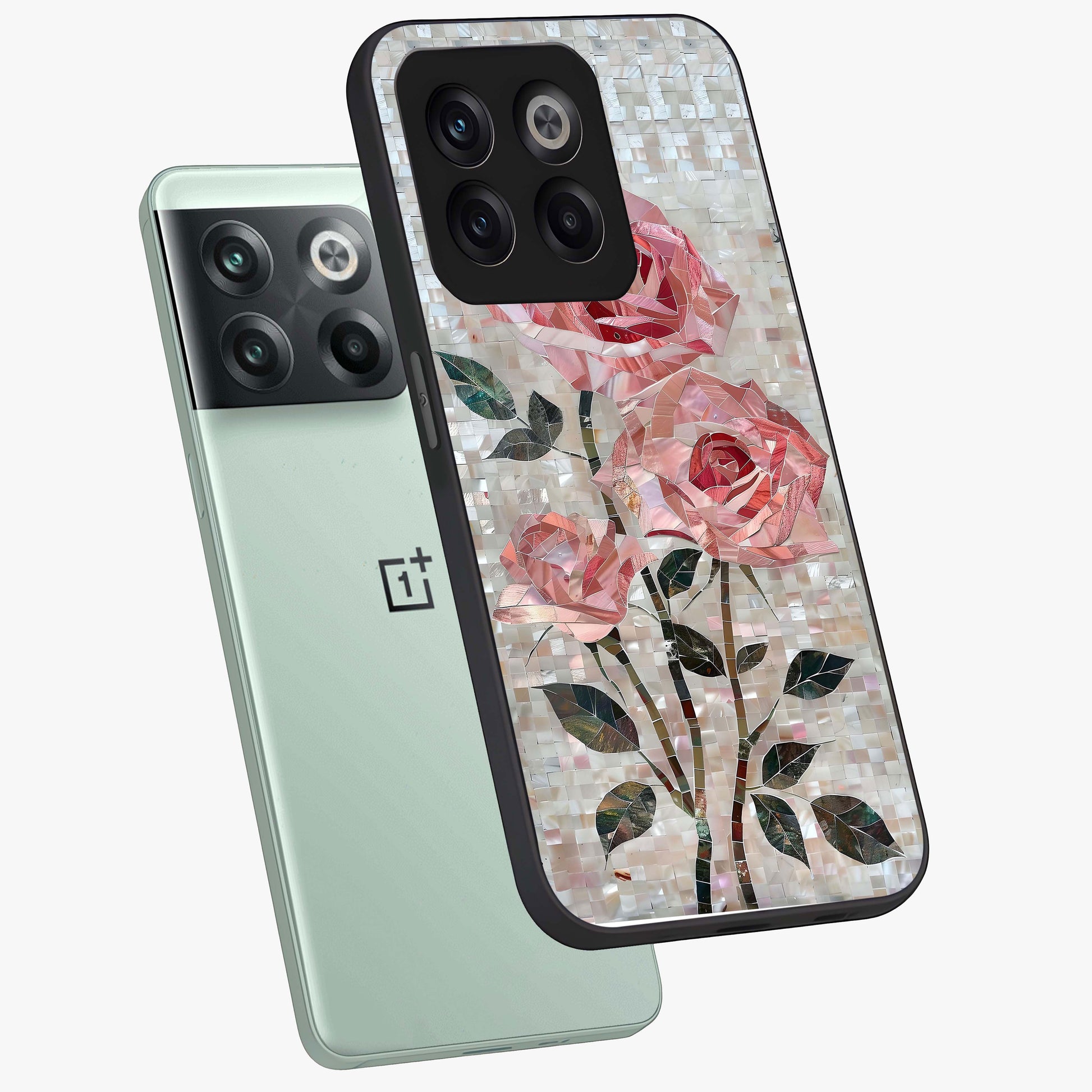 Blush Luxe Bloom Glass Case for 1+10T angled mockup showcasing glossy finish and premium bloom design