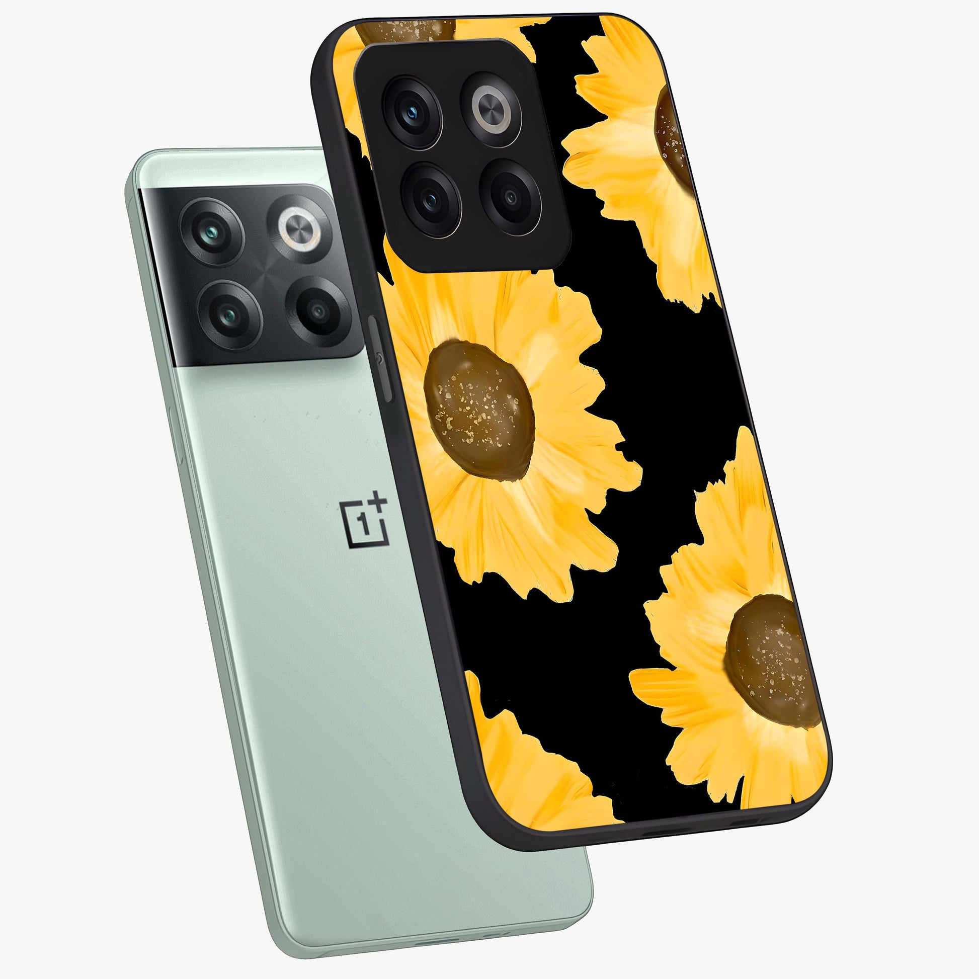 Bold Sunflowers Glow Glass Case for 1+10T angled mockup showcasing glossy glass finish and bright floral detailing