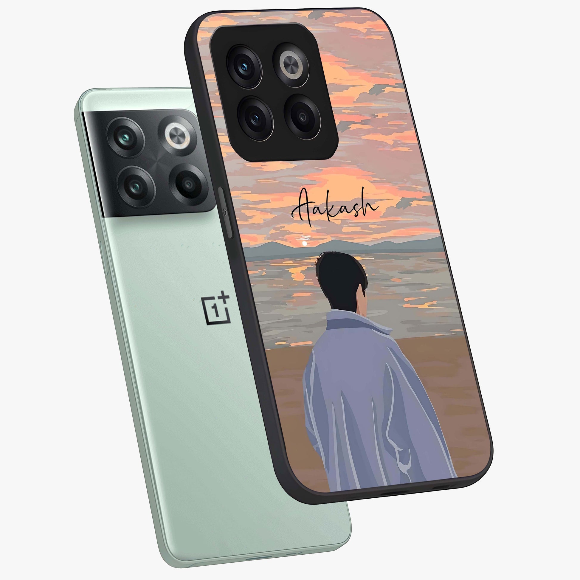 Boy Facing Sunset Beach Glass Case for 1+10T angled mockup showcasing glossy finish and warm beach tones