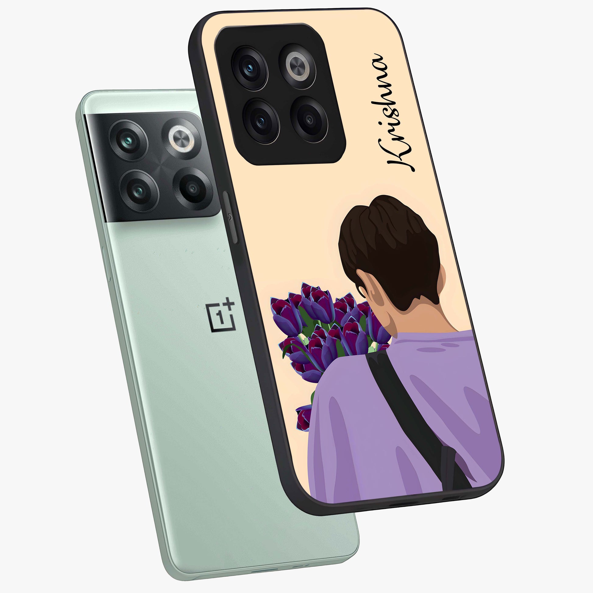 Boy Holding Flowers Glass Case for 1+10T angled mockup showcasing glossy finish and gentle pastel artwork
