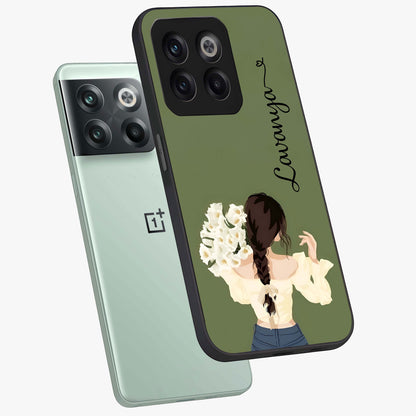Braided Spring Beauty With Custom Name Glass Case for 1+10T angled mockup showcasing glossy finish and spring inspired detailing