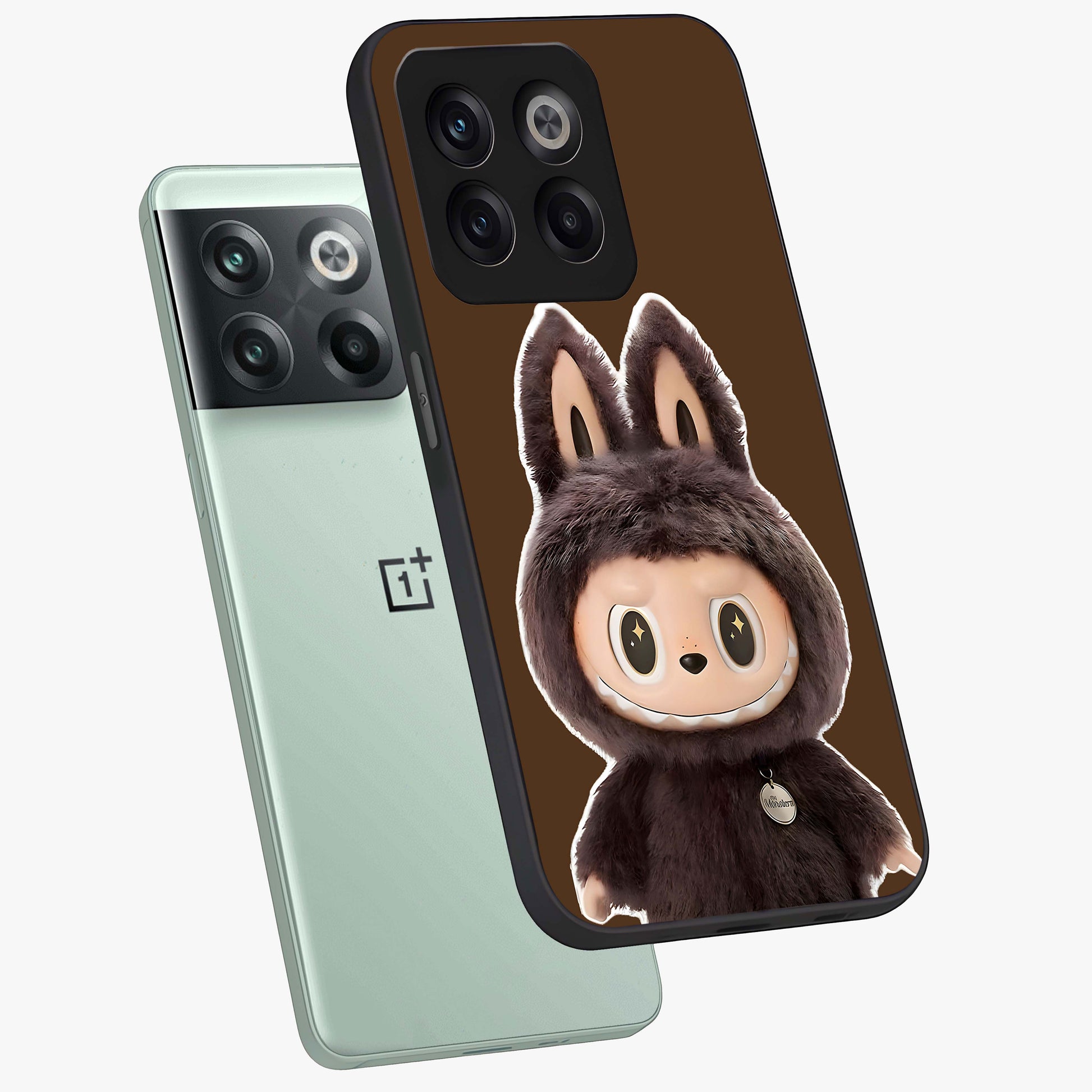 Brown Labubu Design Glass Case for 1+10T angled mockup showcasing glossy finish and detailed cartoon illustration