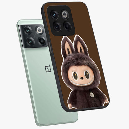 Brown Labubu Design Glass Case for 1+10T angled mockup showcasing glossy finish and detailed cartoon illustration