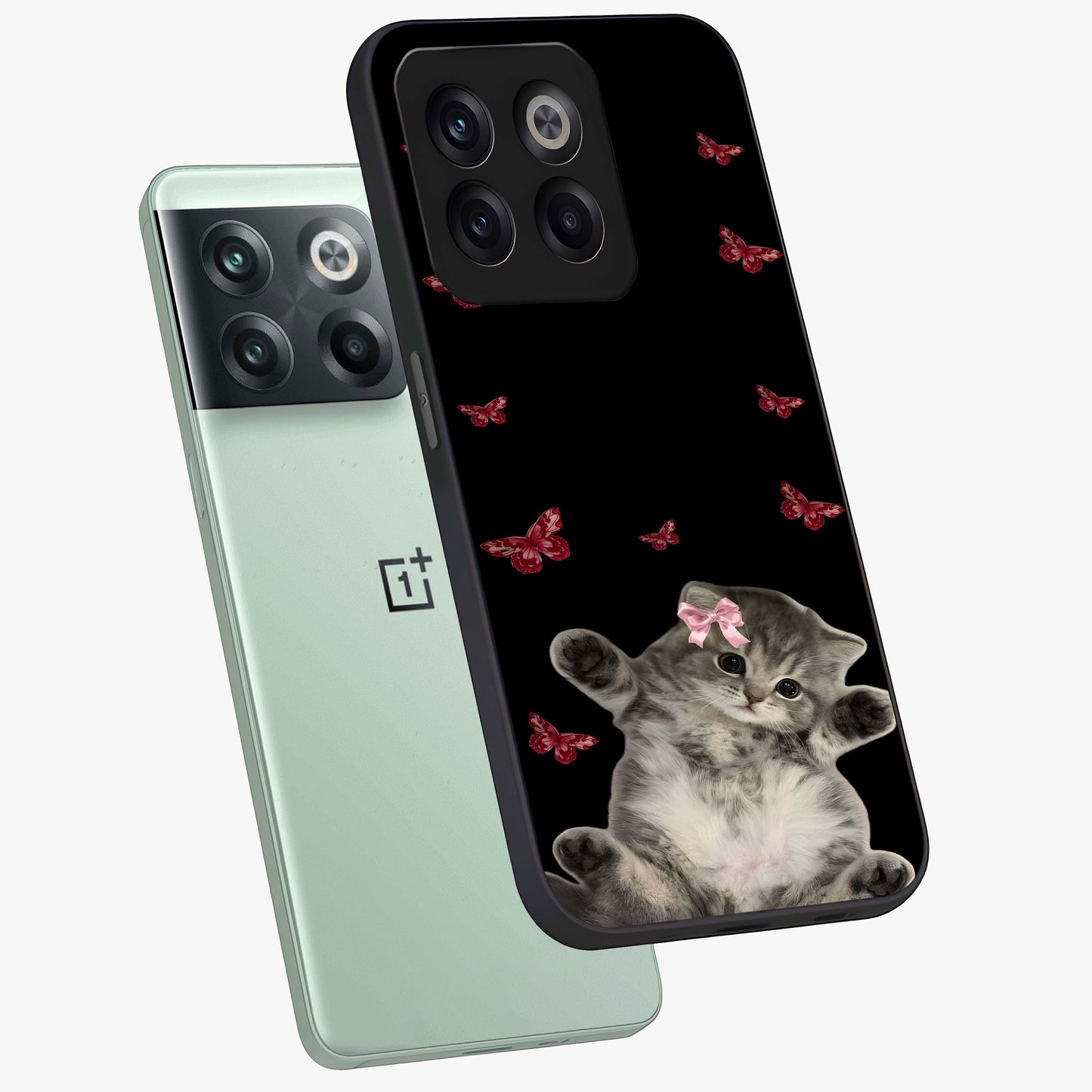 Butterfly Cat Bliss Glass Case for 1+10T angled mockup showcasing glossy finish and soft pastel tones