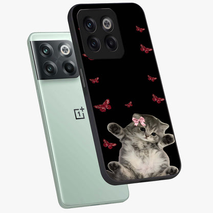 Butterfly Cat Bliss Glass Case for 1+10T angled mockup showcasing glossy finish and soft pastel tones