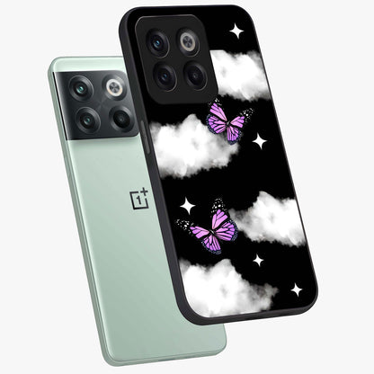 Butterfly Night Drift Glass Case for 1+10T angled mockup showcasing glossy finish and deep midnight gradients