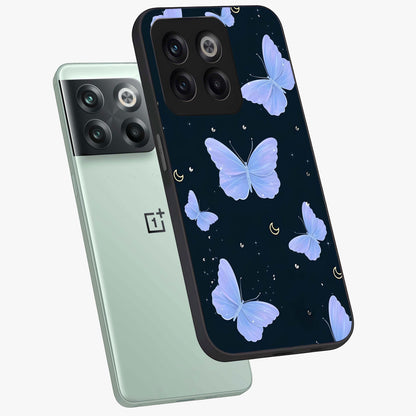 Butterfly With Stars Pattern Glass Case for 1+10T angled mockup showcasing glossy finish and celestial inspired design