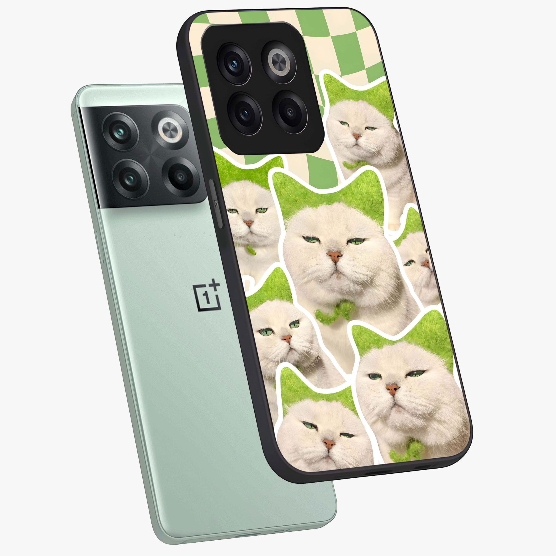 Cats Ethereal Bloom Glass Case for 1+10T angled mockup showcasing glossy finish and dreamy pastel tones