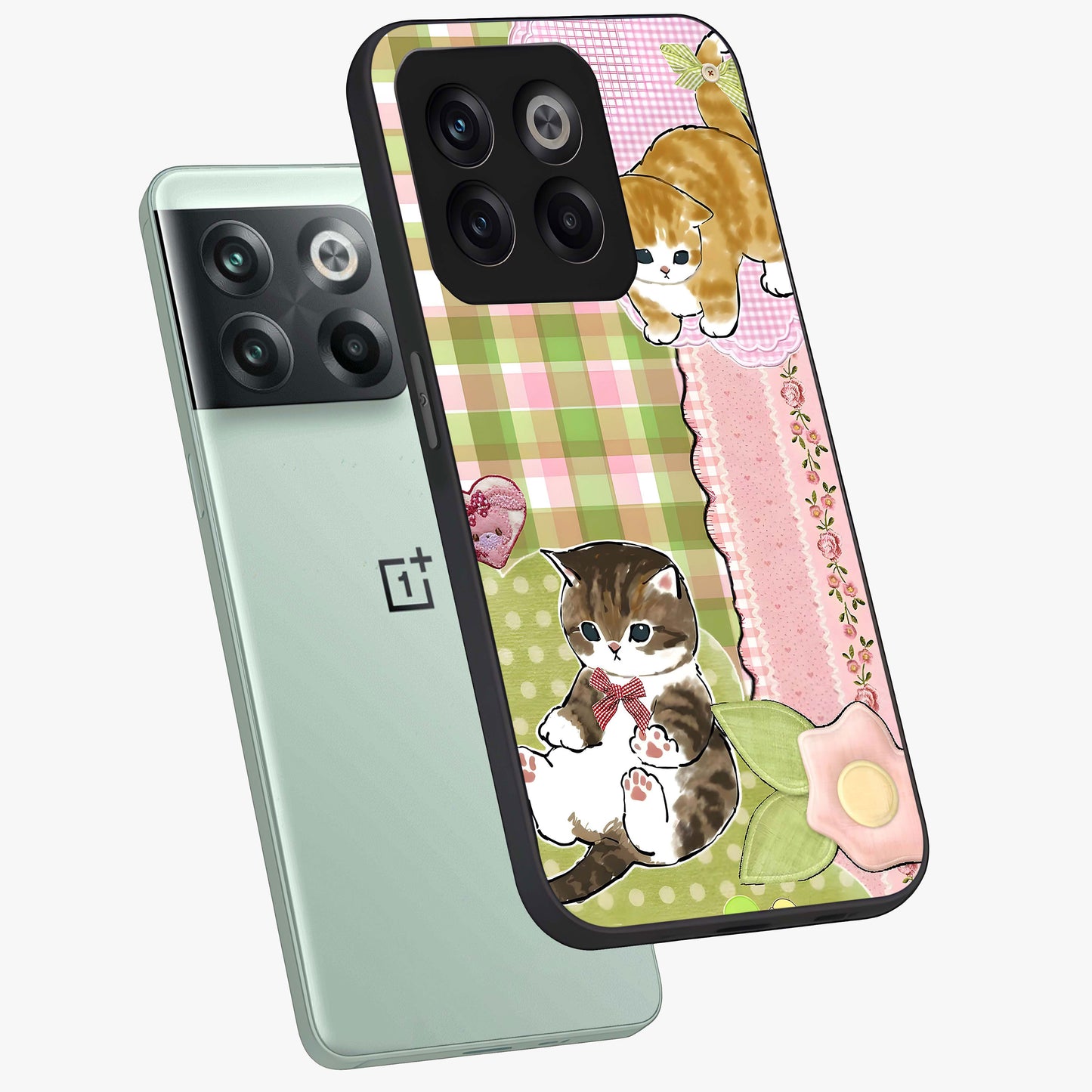 Cats Sweet Button Glass Case for 1+10T angled mockup showcasing glossy finish and charming character design