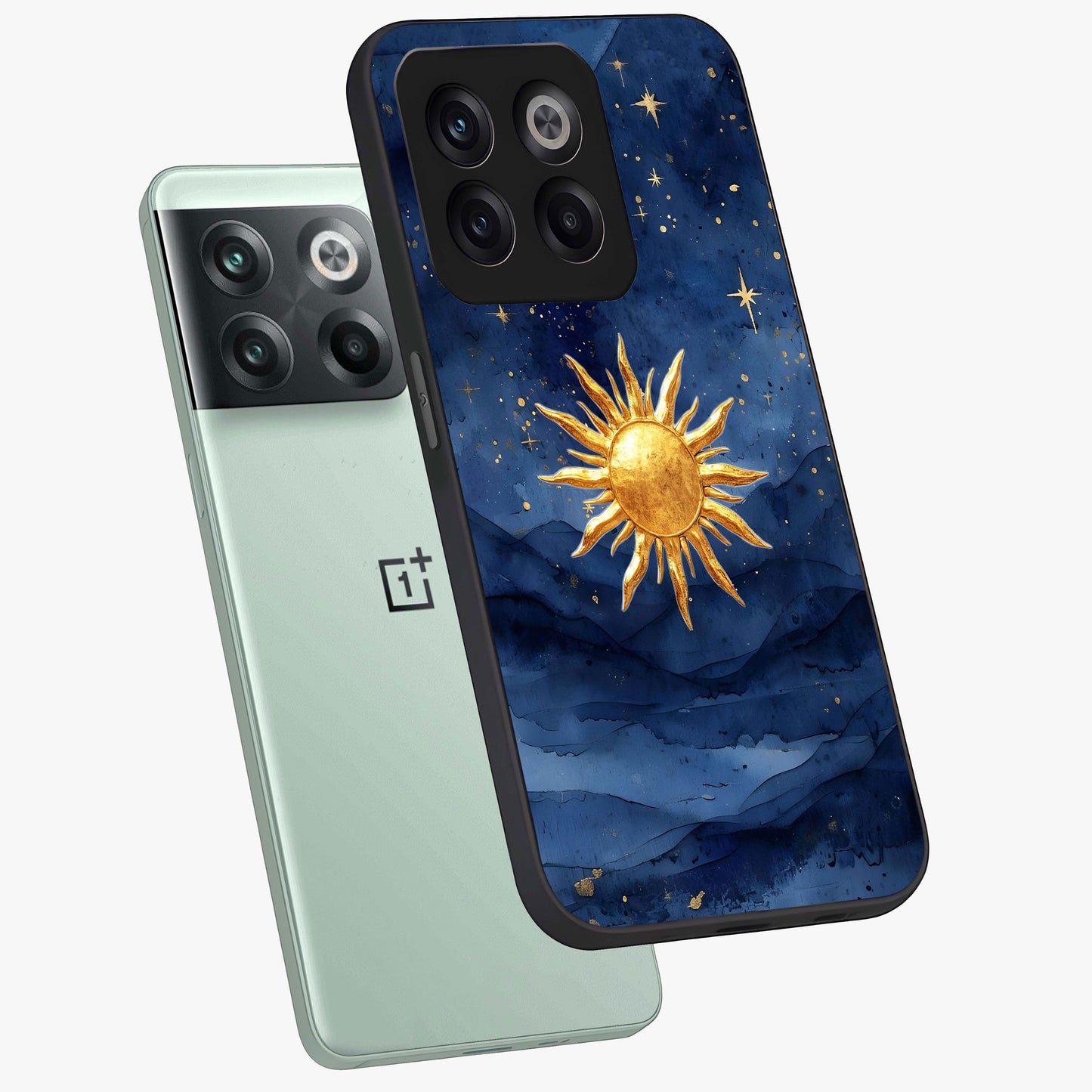 Celestial Blue Glow Glass Case for 1+10T angled mockup showcasing glossy finish and luminous celestial tones