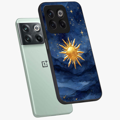 Celestial Blue Glow Glass Case for 1+10T angled mockup showcasing glossy finish and luminous celestial tones