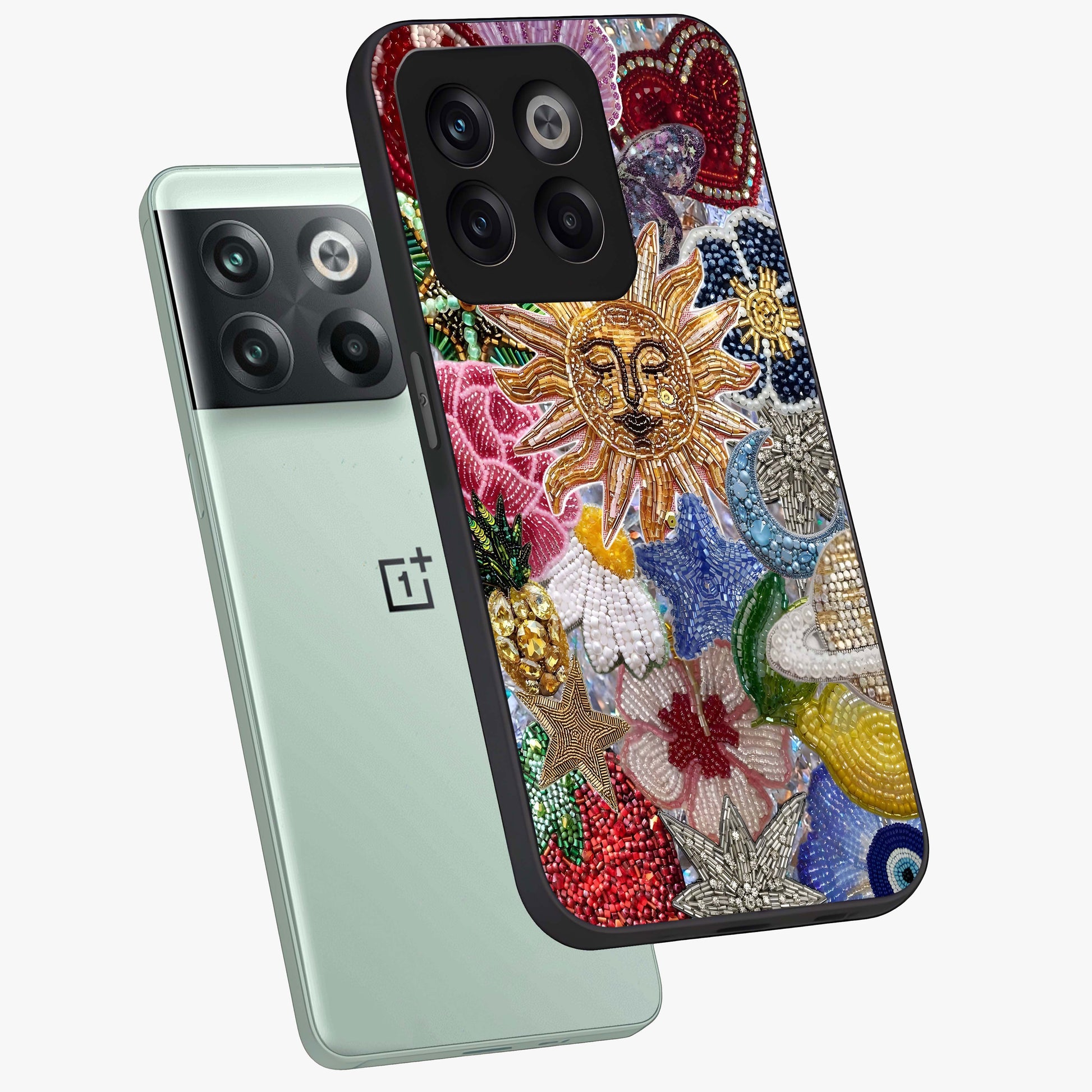 Celestial Floral and Playful Glass Case for 1+10T angled mockup showcasing glossy finish and colorful celestial detailing