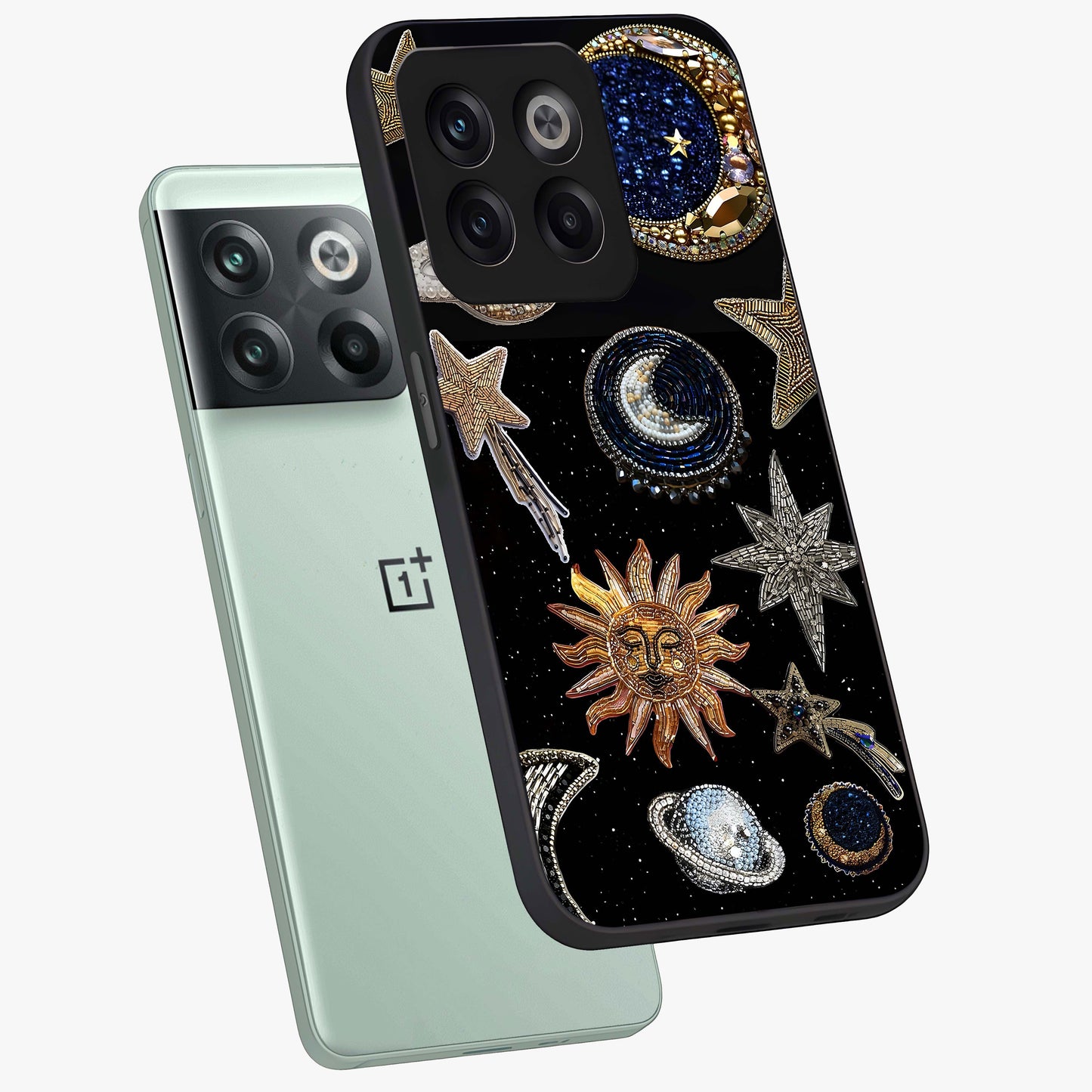 Celestial Gem Constellations Glass Case for 1+10T angled mockup showcasing glossy finish and sparkling cosmic design