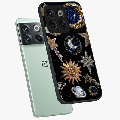 Celestial Gem Constellations Glass Case for 1+10T angled mockup showcasing glossy finish and sparkling cosmic design