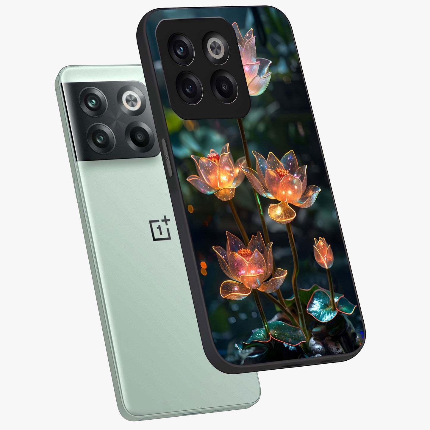 Celestial Lotus Light Glass Case for 1+10T angled mockup showcasing glossy finish and radiant celestial tones