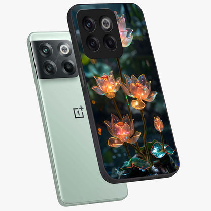 Celestial Lotus Light Glass Case for 1+10T angled mockup showcasing glossy finish and radiant celestial tones