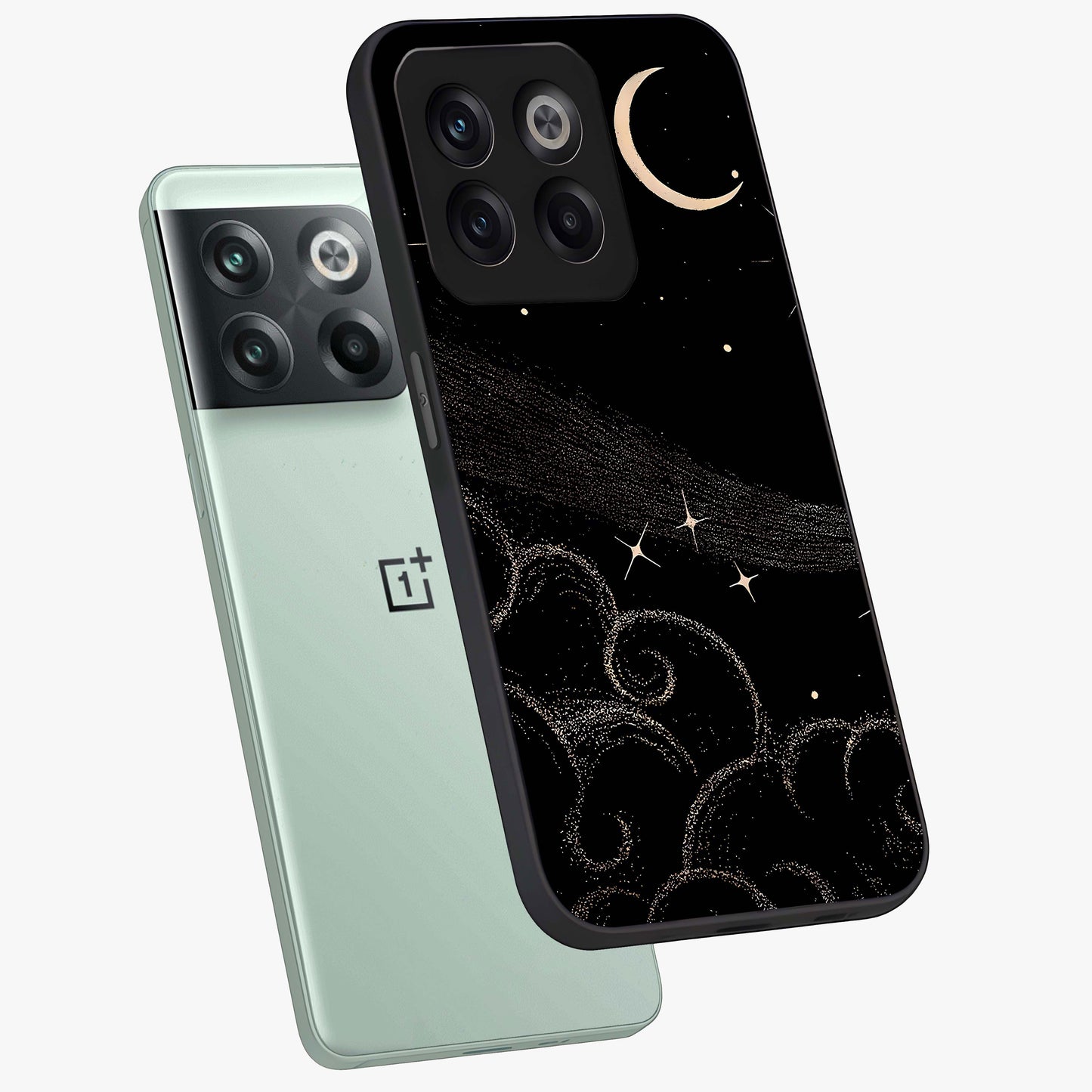 Celestial Midnight Veil Glass Case for 1+10T angled mockup showcasing glossy finish and dark celestial gradients
