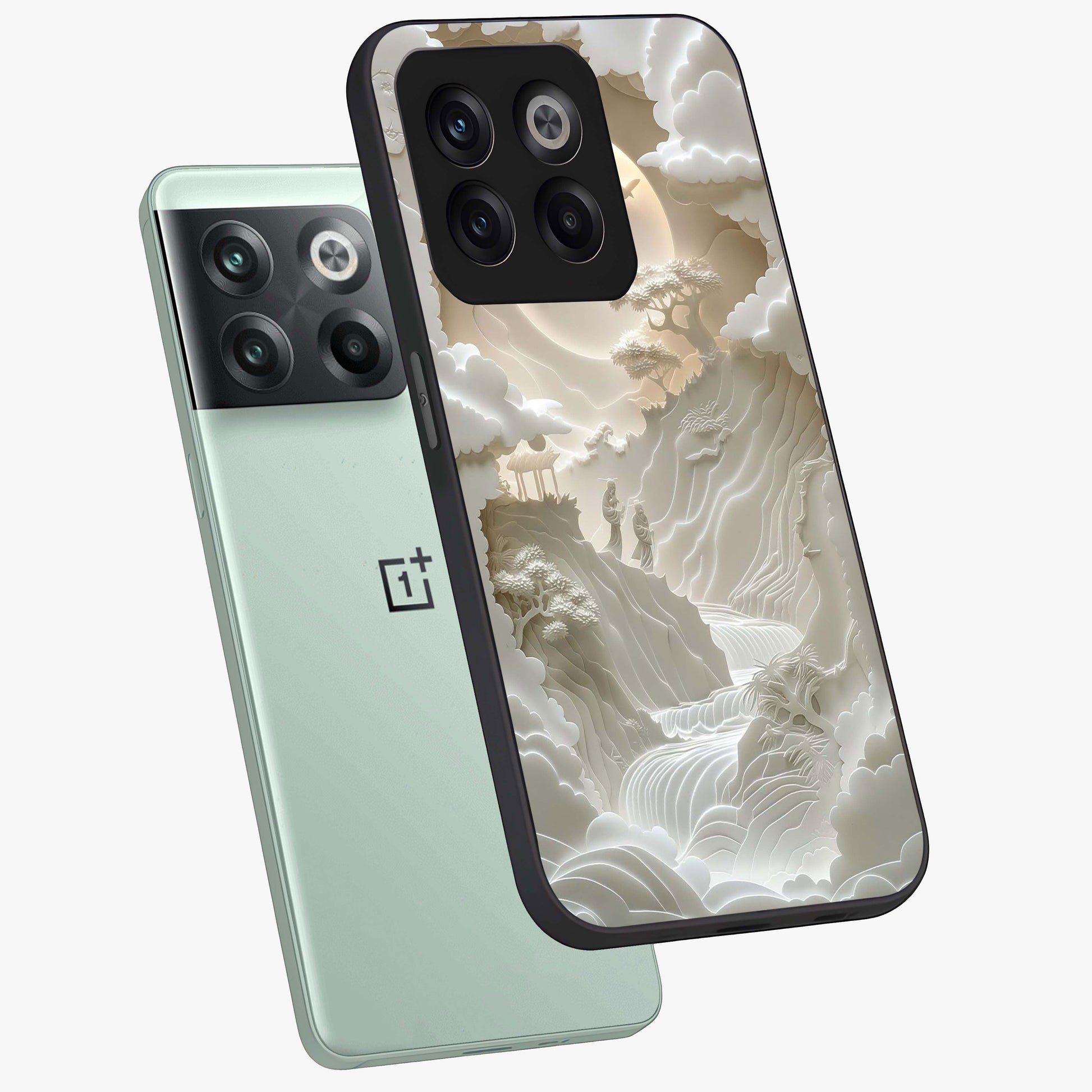 Celestial Origami Glass Case for 1+10T angled mockup showcasing glossy finish and geometric celestial design